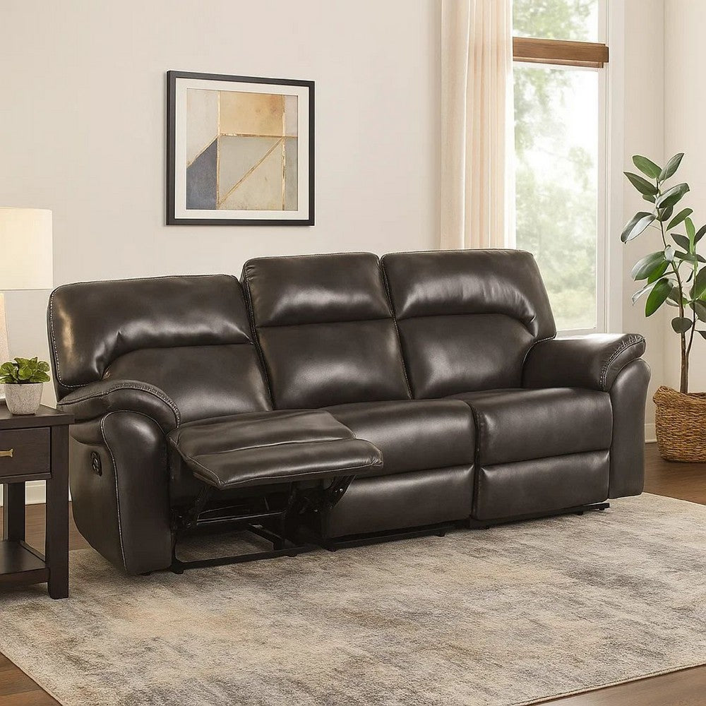 Benjara Josy Manual Recliner Sofa, Pillow Top, Dark Gray Faux Leather, 88 Inch