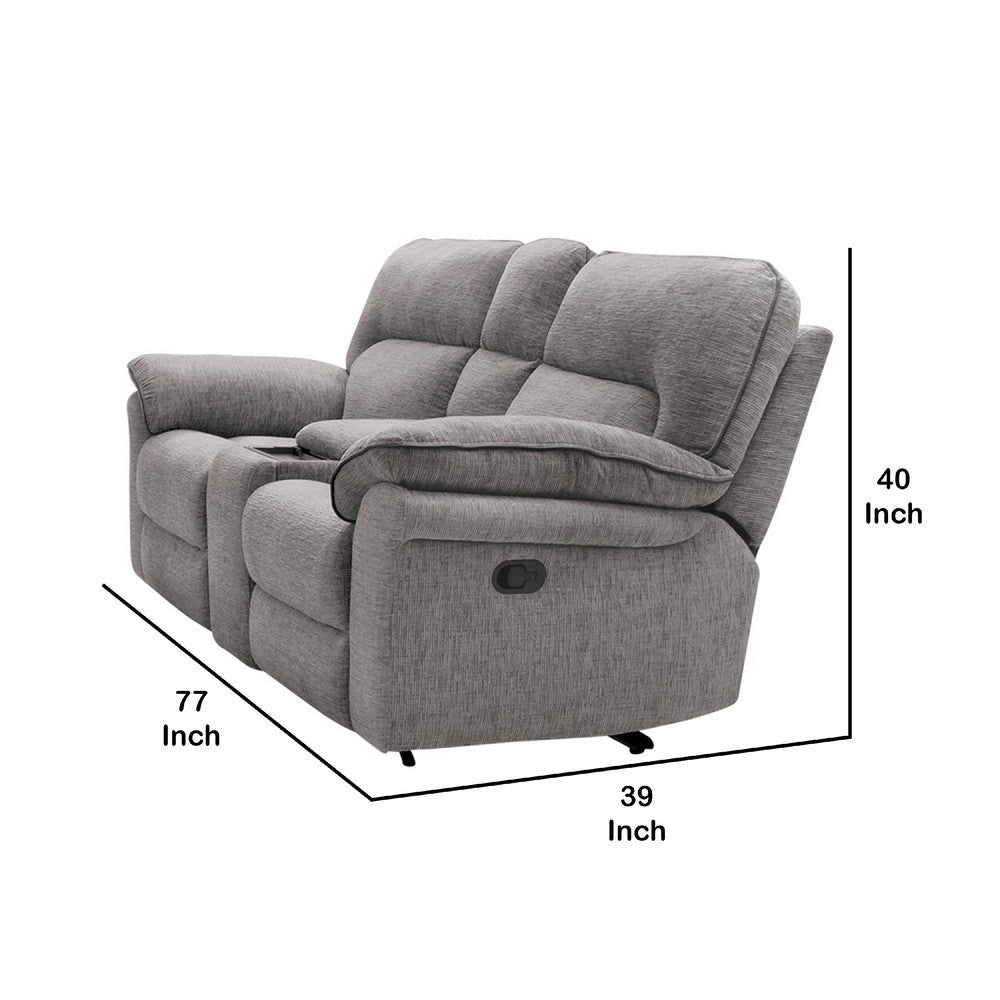 Benjara Josy Manual Recliner Loveseat with Console, Light Gray Fabric, 77 Inch