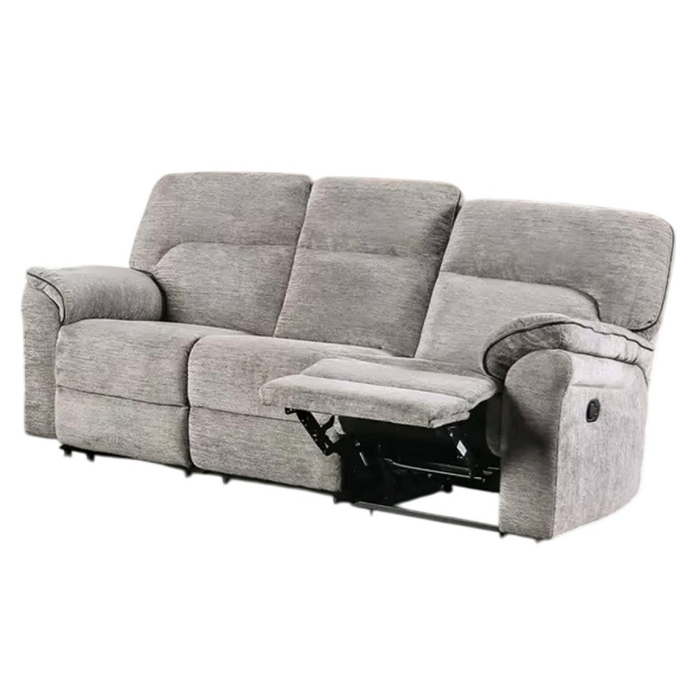 Benjara Josy Manual Recliner Sofa, Pillow Top Arms, Light Gray Fabric, 88 Inch