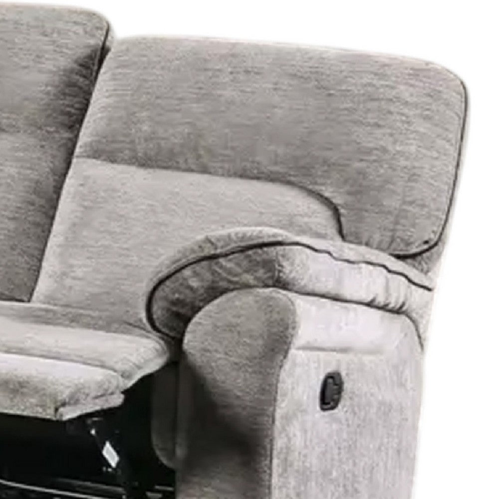 Benjara Josy Manual Recliner Sofa, Pillow Top Arms, Light Gray Fabric, 88 Inch