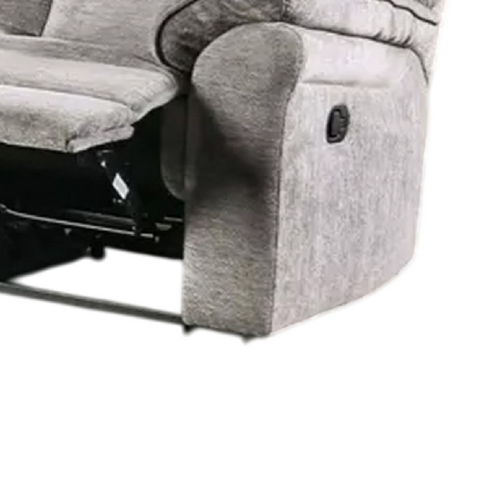 Benjara Josy Manual Recliner Sofa, Pillow Top Arms, Light Gray Fabric, 88 Inch