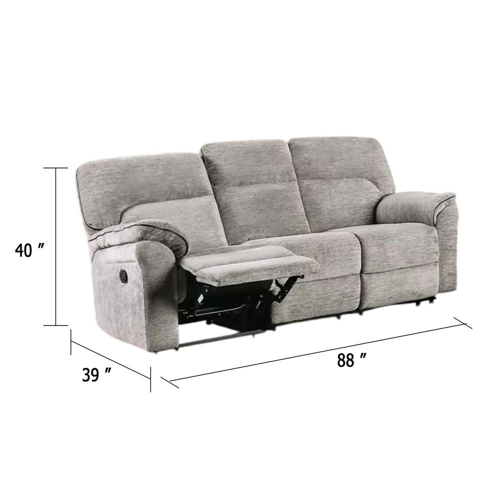 Benjara Josy Manual Recliner Sofa, Pillow Top Arms, Light Gray Fabric, 88 Inch