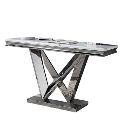 Benjara Vily Sofa Console Table, Beveled Faux Marble, Chrome Steel V-Base
