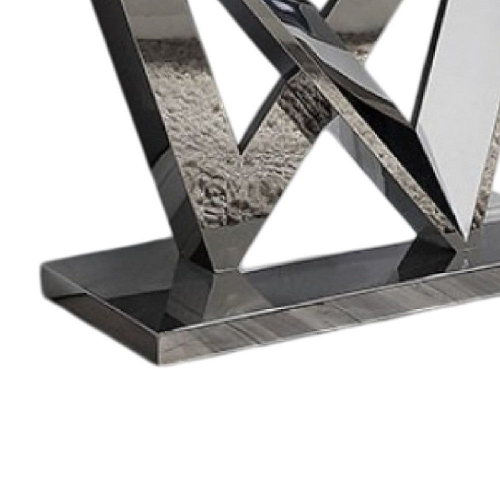 Benjara Vily Sofa Console Table, Beveled Faux Marble, Chrome Steel V-Base