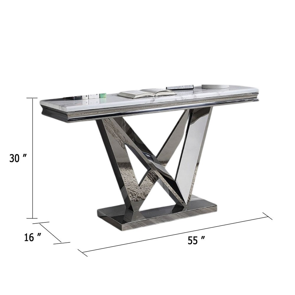 Benjara Vily Sofa Console Table, Beveled Faux Marble, Chrome Steel V-Base