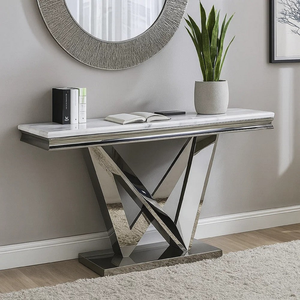 Benjara Vily Sofa Console Table, Beveled Faux Marble, Chrome Steel V-Base