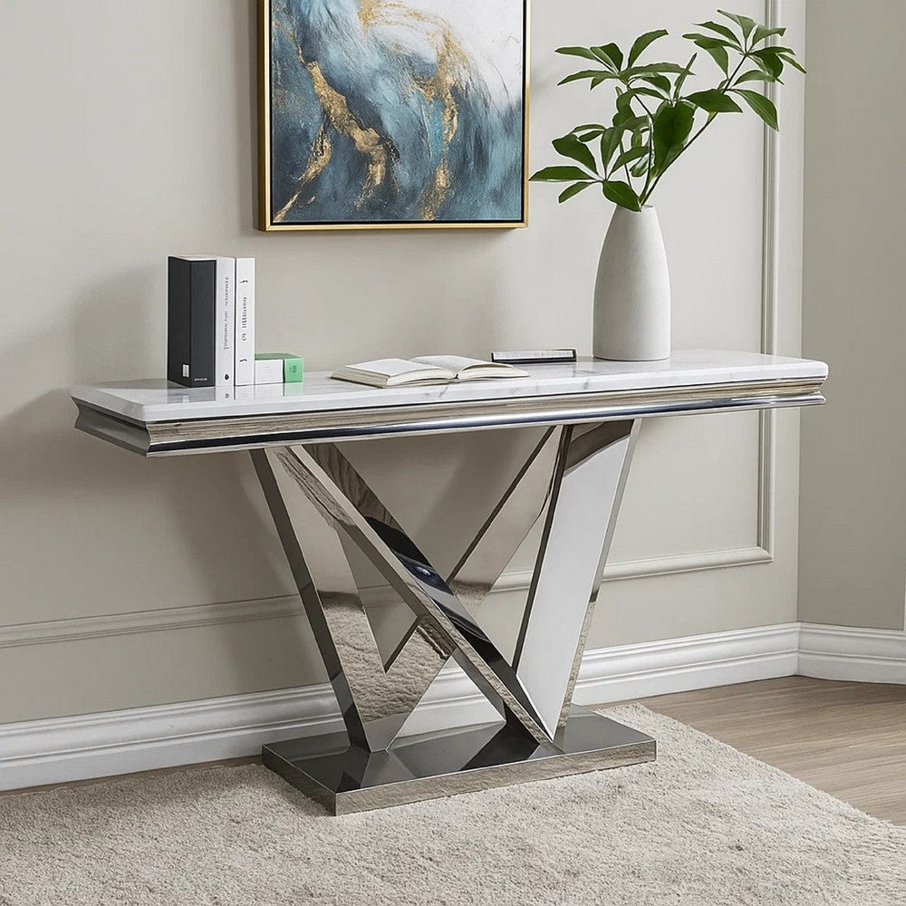 Benjara Vily Sofa Console Table, Beveled Faux Marble, Chrome Steel V-Base