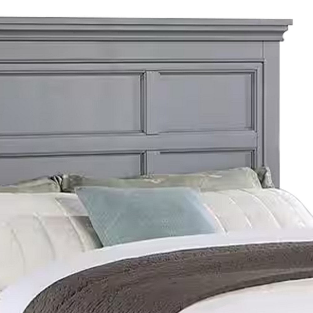 Benjara Lile Full Bed with Crown Moulding, Storage Drawers, Gray Solid Wood