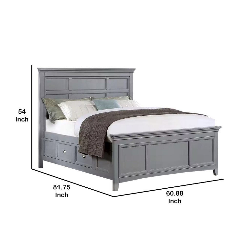 Benjara Lile Full Bed with Crown Moulding, Storage Drawers, Gray Solid Wood