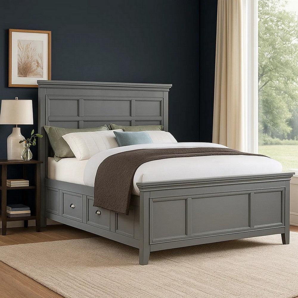 Benjara Lile Full Bed with Crown Moulding, Storage Drawers, Gray Solid Wood