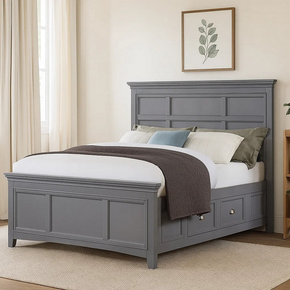 Benjara Lile Full Bed with Crown Moulding, Storage Drawers, Gray Solid Wood