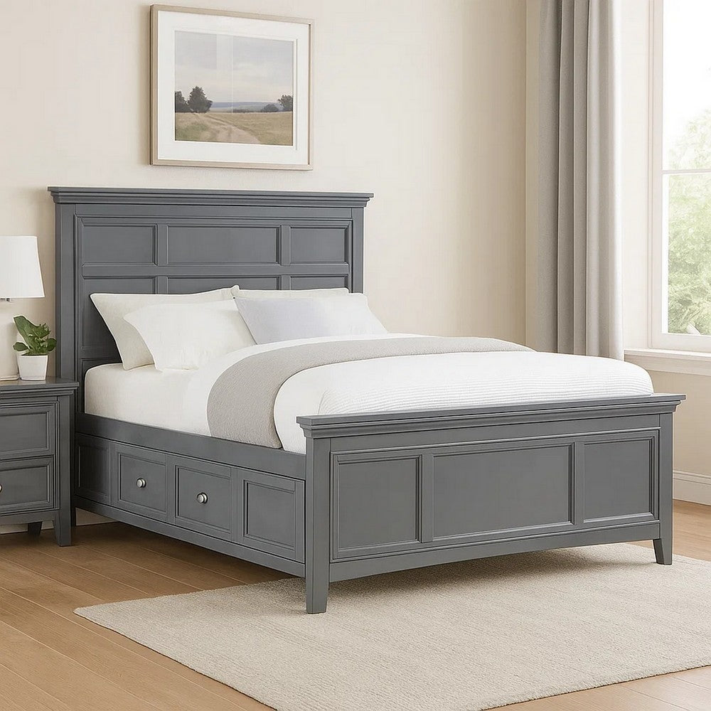 Benjara Lile Twin Bed with Crown Moulding, Storage Drawers, Gray Solid Wood