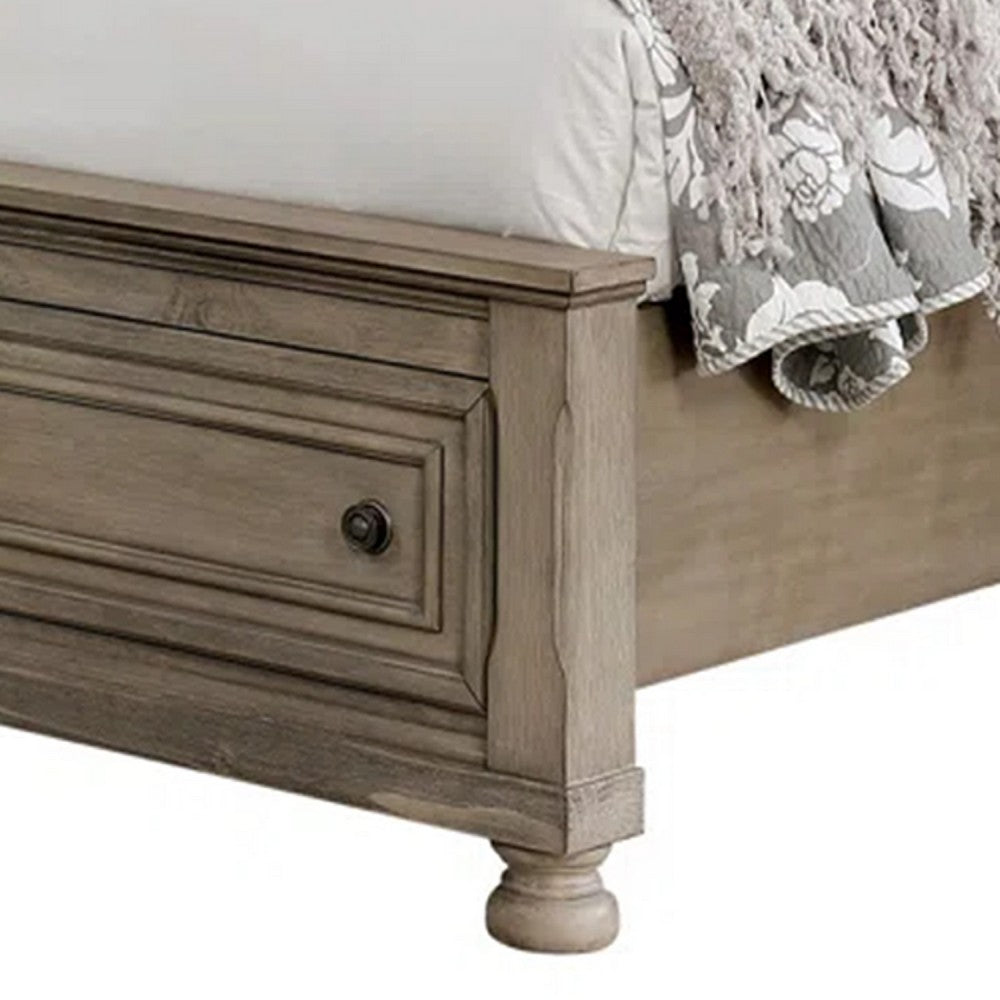 Benjara Ava Queen Bed with Footboard Storage And Bun Feet, Gray Solid Wood