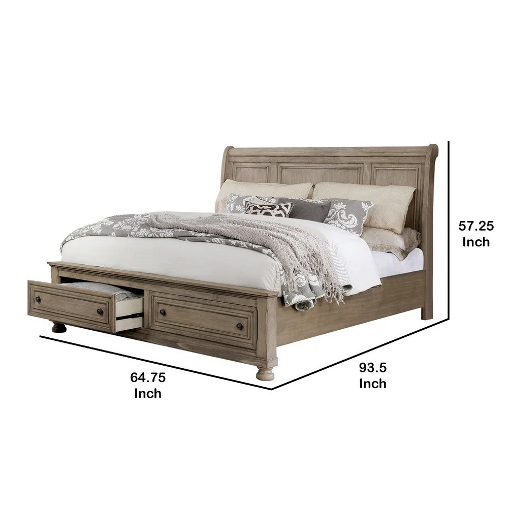 Benjara Ava Queen Bed with Footboard Storage And Bun Feet, Gray Solid Wood