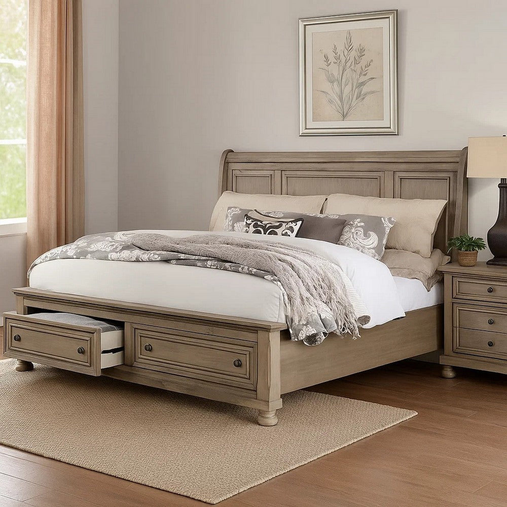 Benjara Ava Queen Bed with Footboard Storage And Bun Feet, Gray Solid Wood
