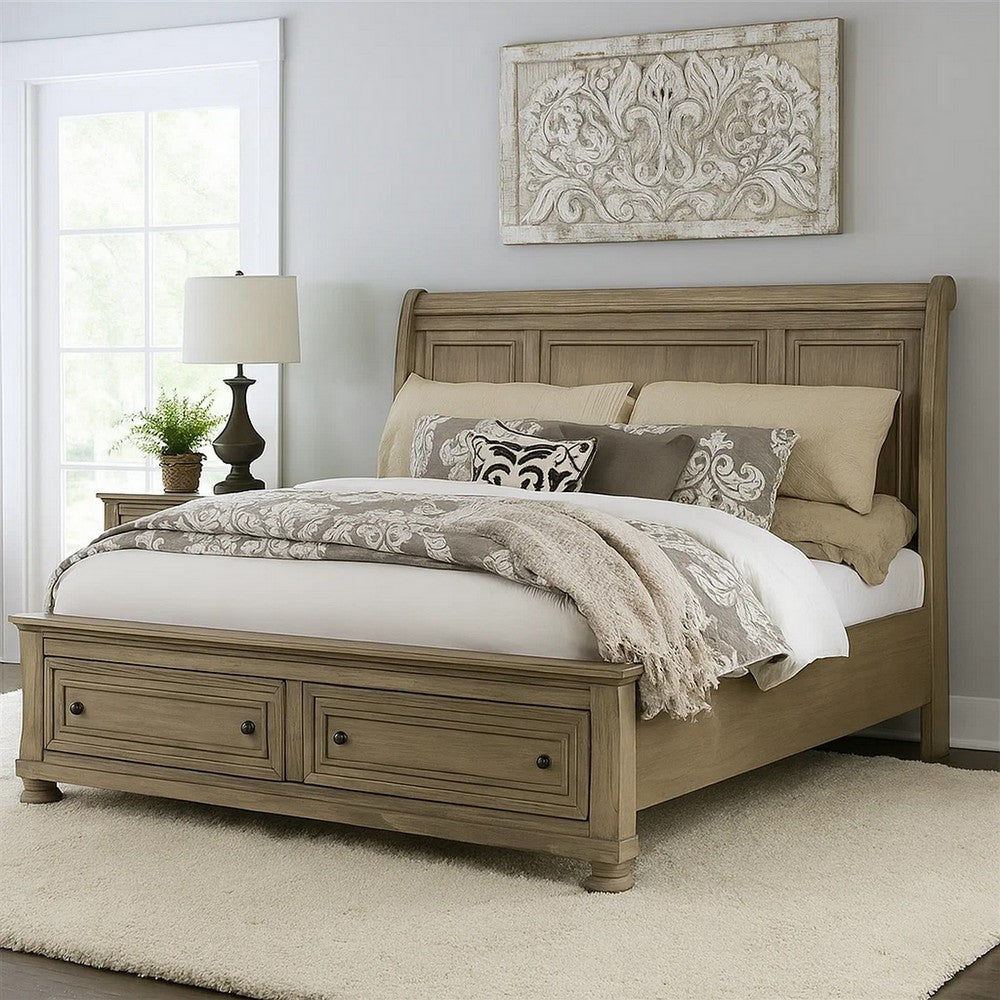 Benjara Ava Queen Bed with Footboard Storage And Bun Feet, Gray Solid Wood