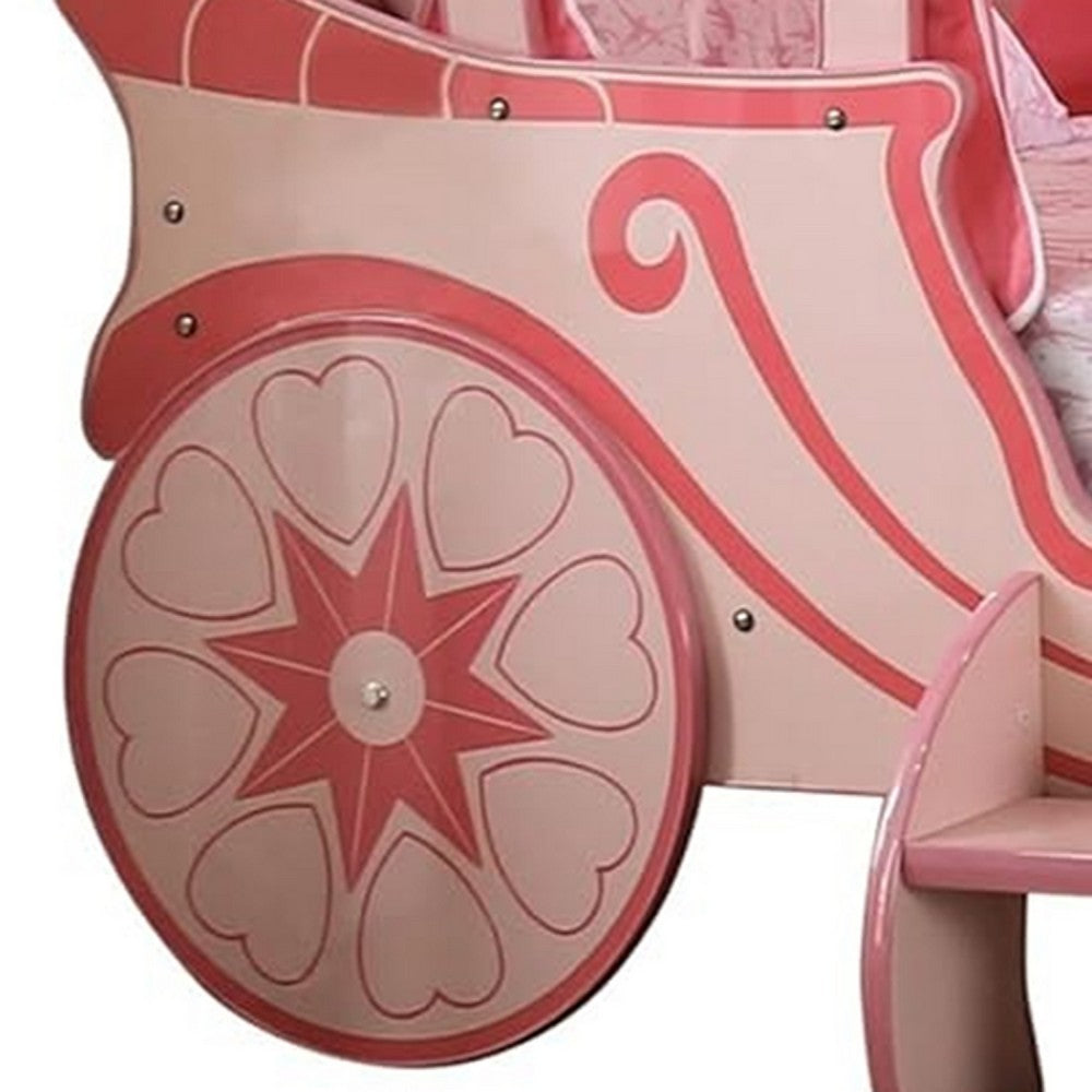 Benjara Arine Kids Twin Bed in Pumpkin Carriage Design, High Gloss Pink Wood