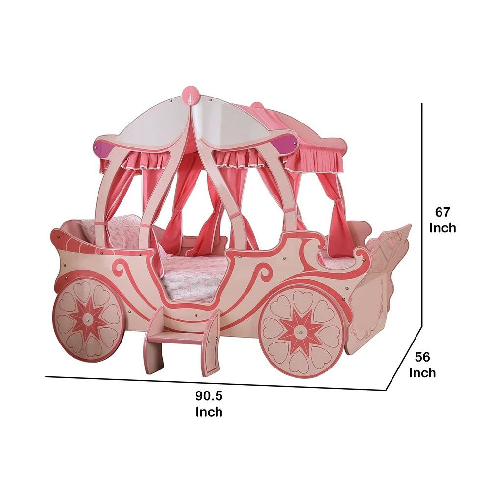 Benjara Arine Kids Twin Bed in Pumpkin Carriage Design, High Gloss Pink Wood