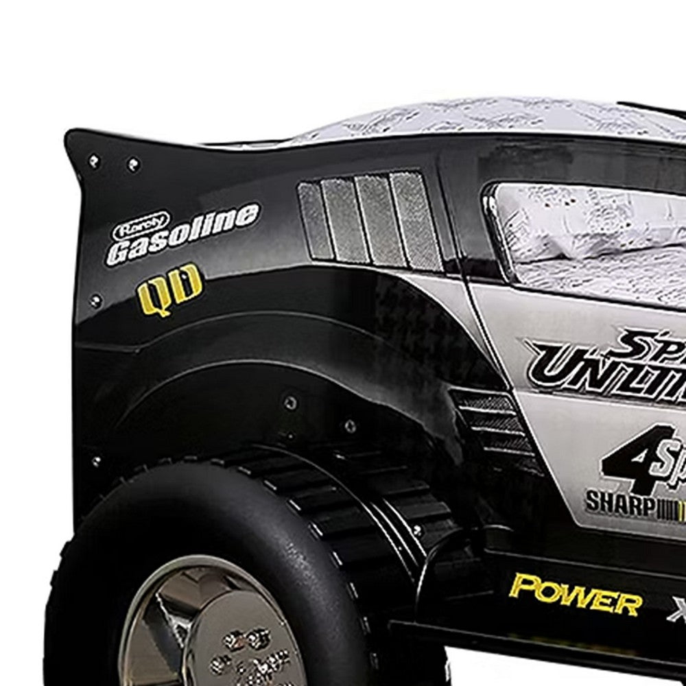 Benjara Jacky Kids Twin Bed with Off-Road Car Design, LED Headlights, Black Wood