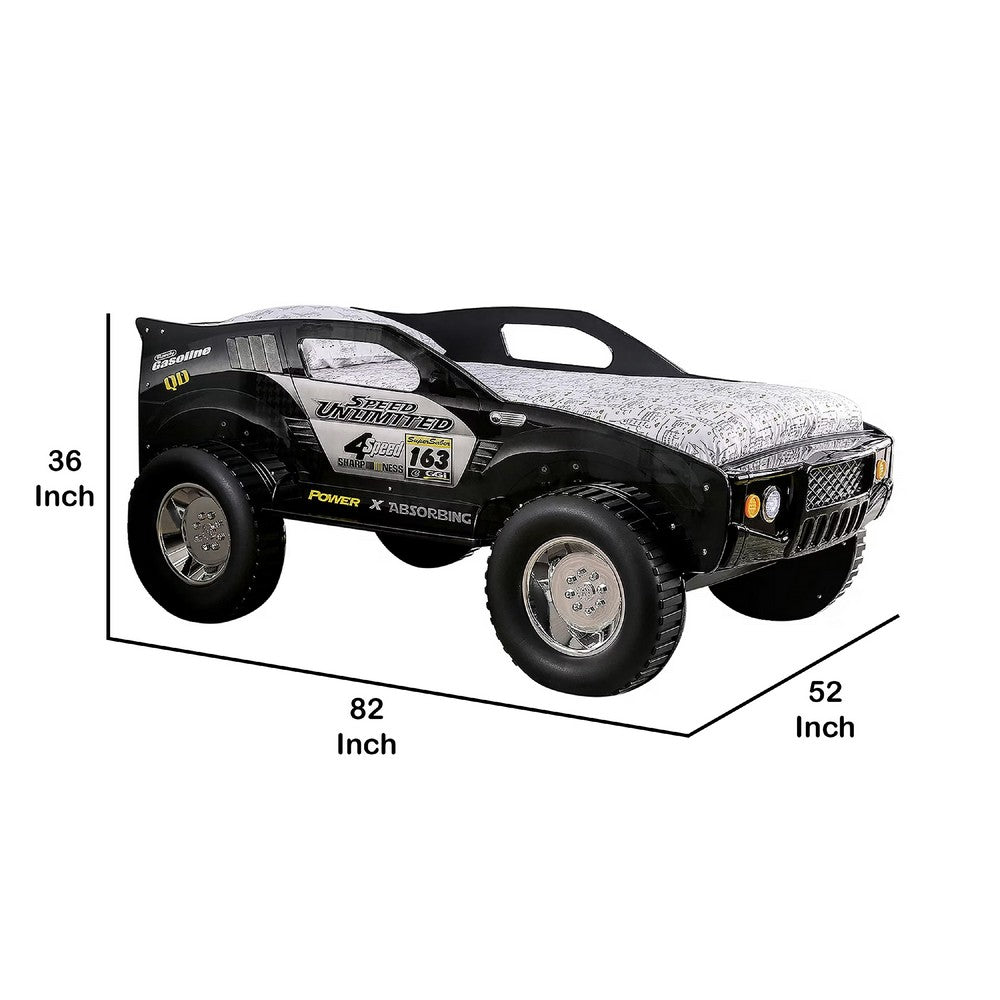 Benjara Jacky Kids Twin Bed with Off-Road Car Design, LED Headlights, Black Wood