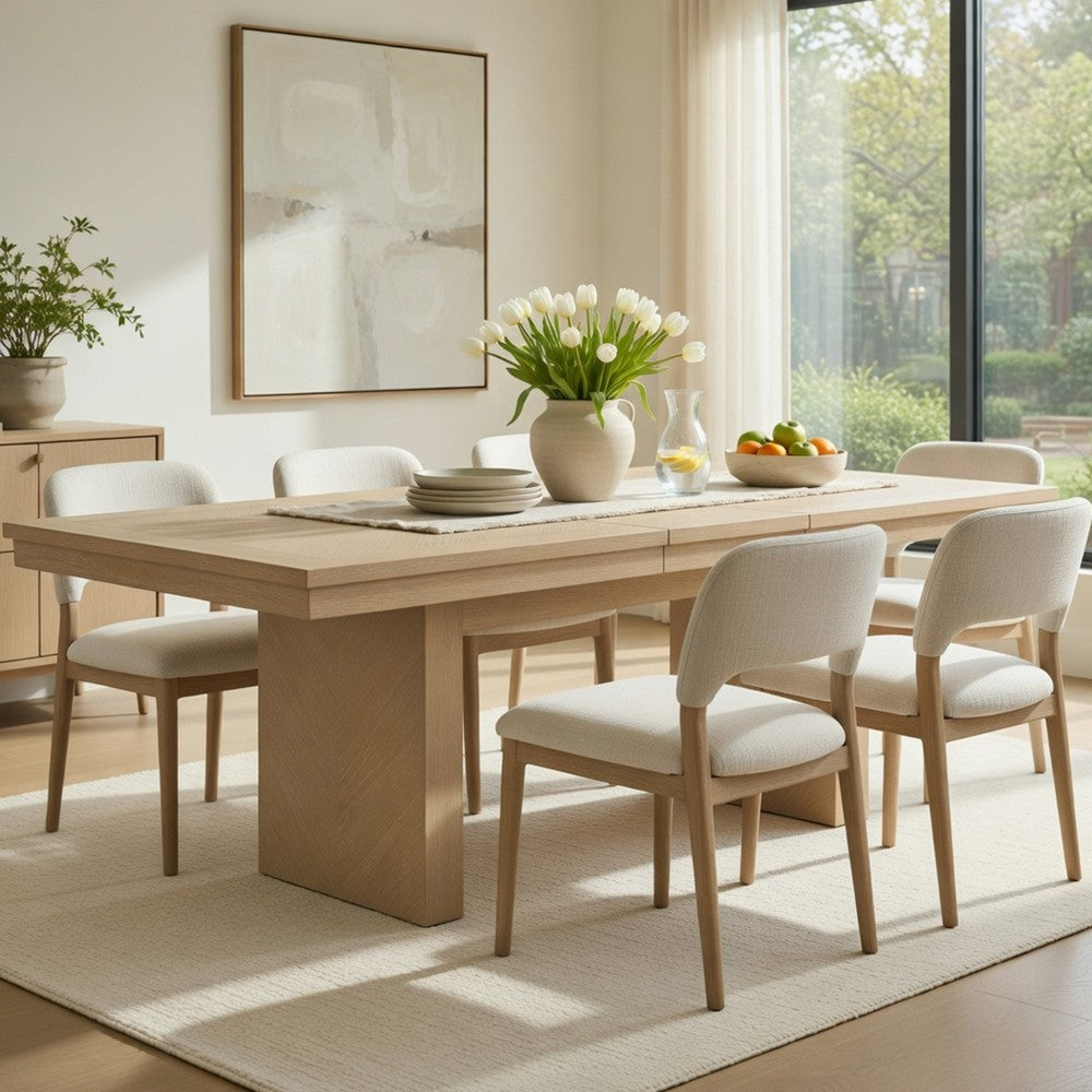Benjara Hagy Dining Table, 76-94 Inch Extendable Top, Natural Brown Panel Legs