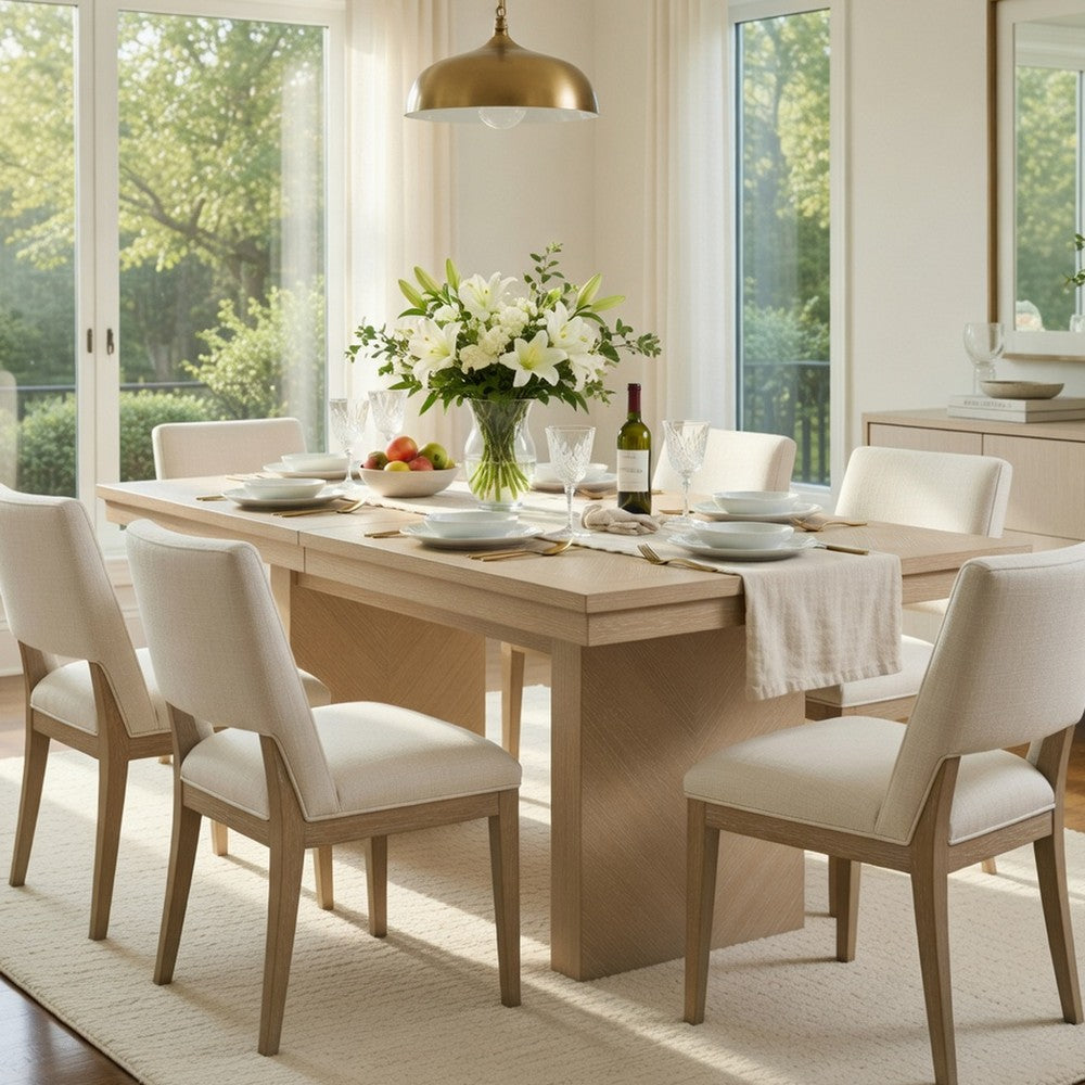 Benjara Hagy Dining Table, 76-94 Inch Extendable Top, Natural Brown Panel Legs
