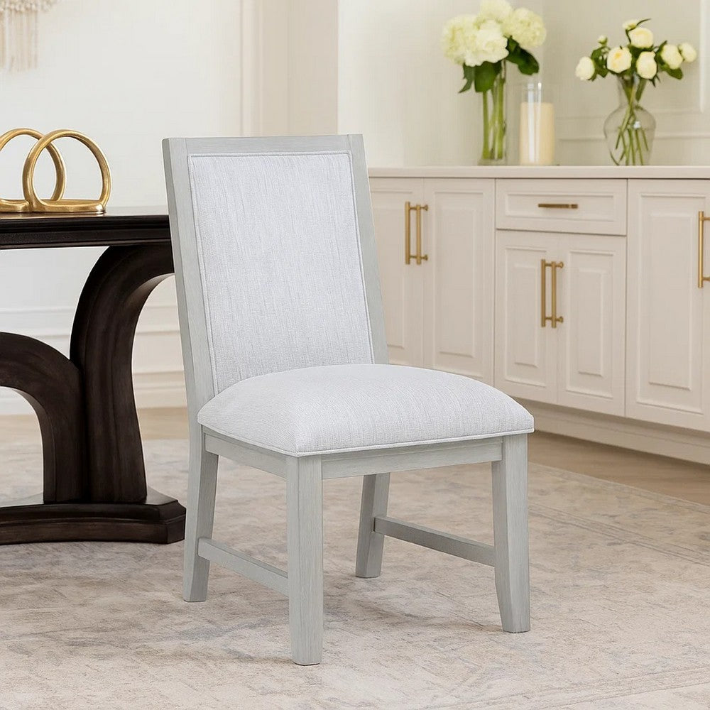 Benjara Ion Dining Side Chair Set of 2, Mist Gray Polyester & Solid Rubberwood