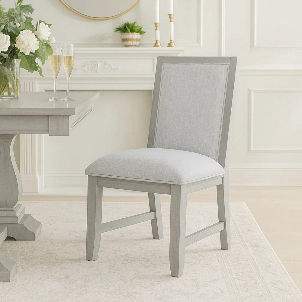 Benjara Ion Dining Side Chair Set of 2, Mist Gray Polyester & Solid Rubberwood