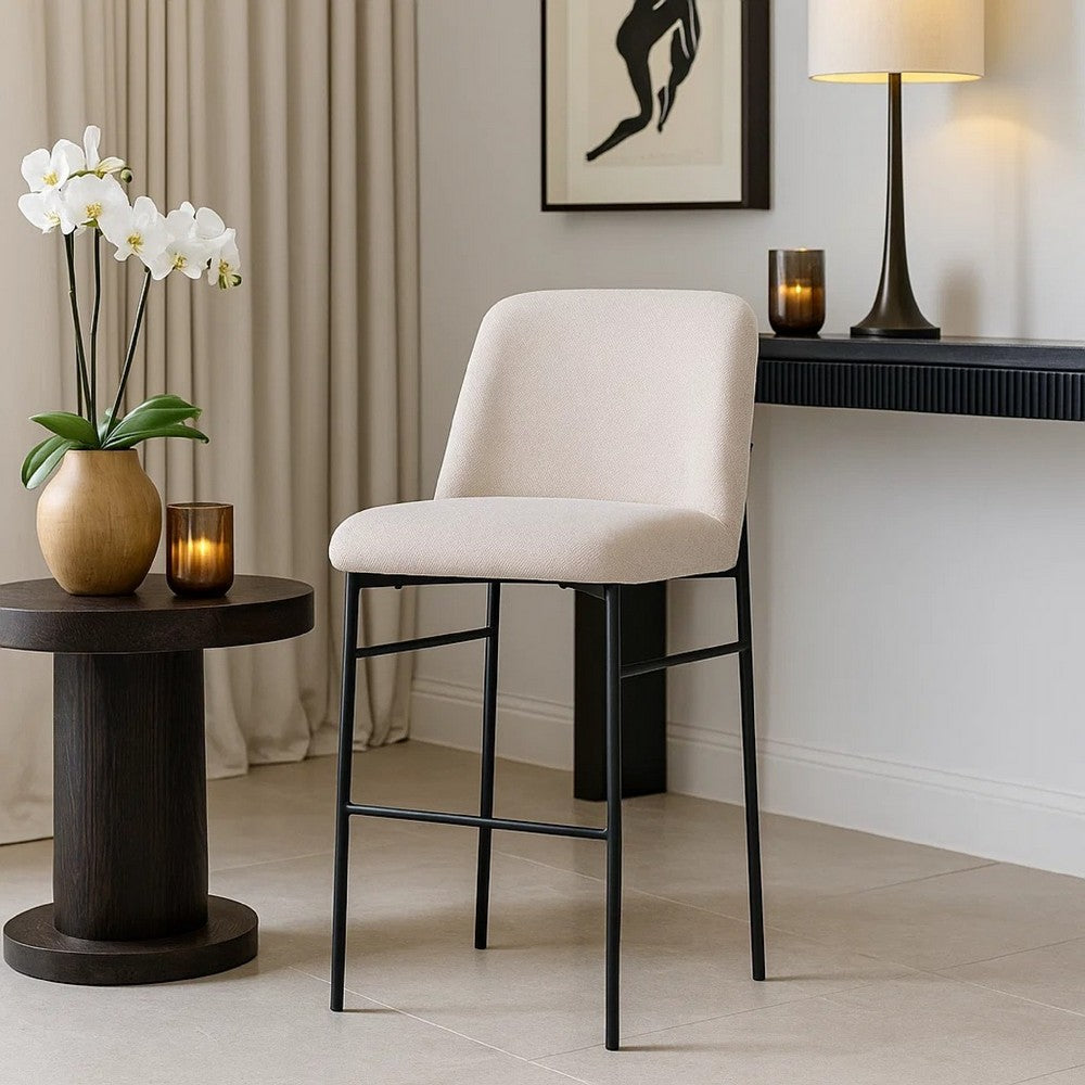 Benjara Ery Bar Height Chair Set of 2, Beige Cushions, Black Metal Frame