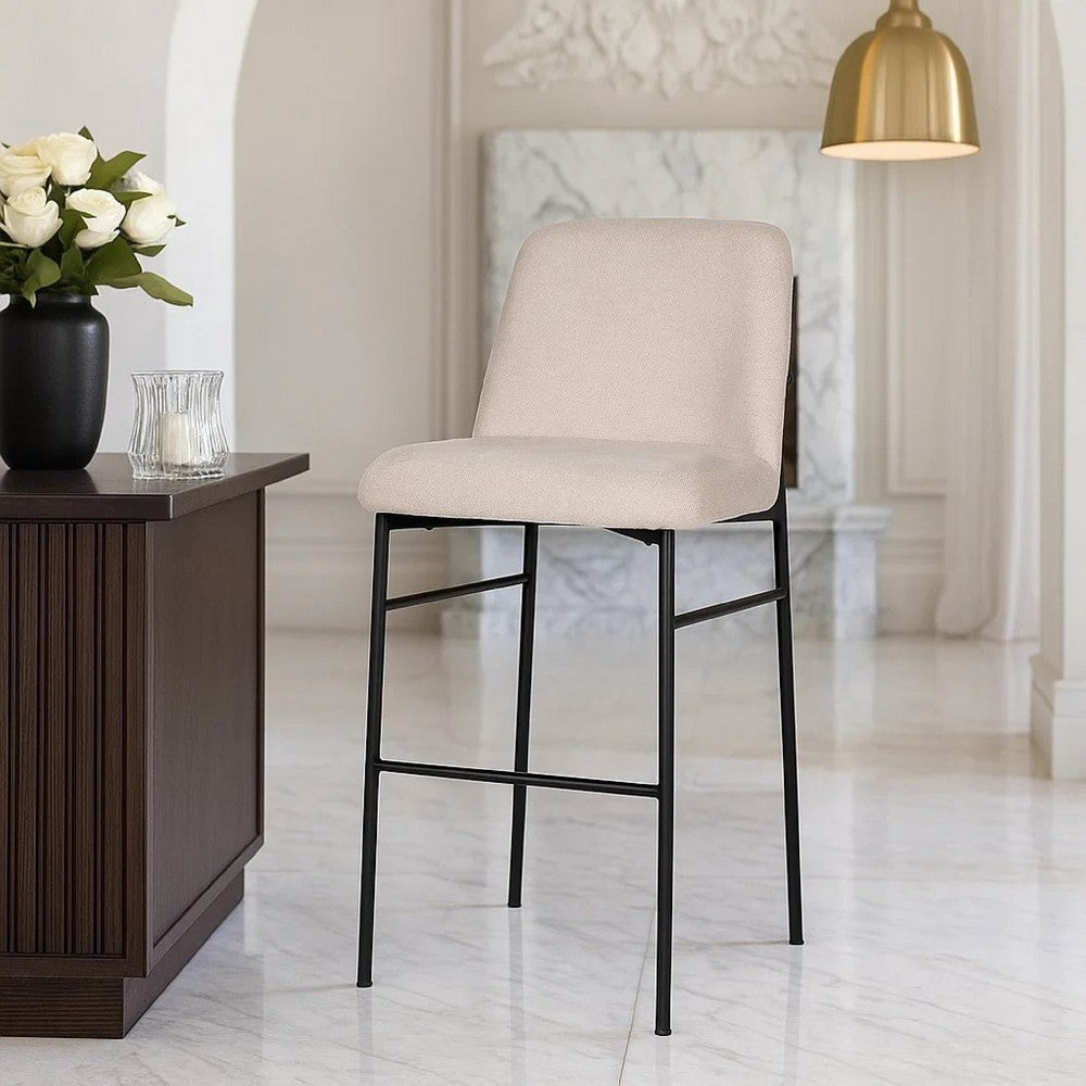 Benjara Ery Bar Height Chair Set of 2, Beige Cushions, Black Metal Frame
