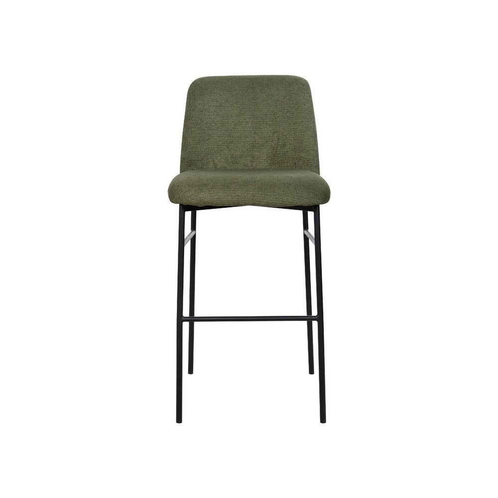 Benjara Ery Bar Height Chair Set of 2, Green Cushions, Black Metal Frame
