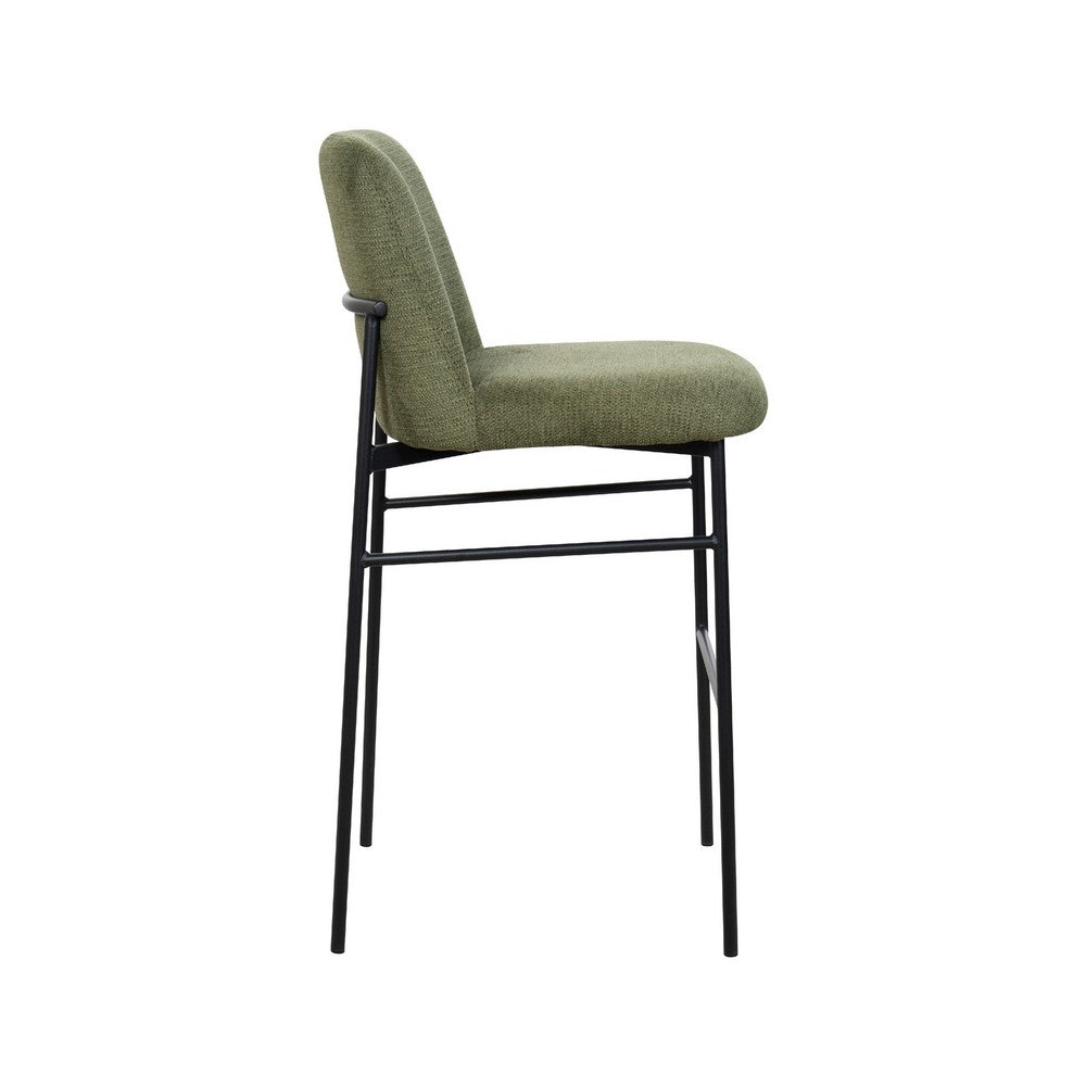 Benjara Ery Bar Height Chair Set of 2, Green Cushions, Black Metal Frame