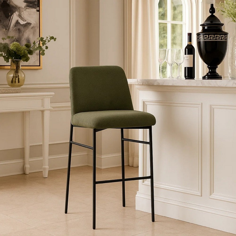 Benjara Ery Bar Height Chair Set of 2, Green Cushions, Black Metal Frame