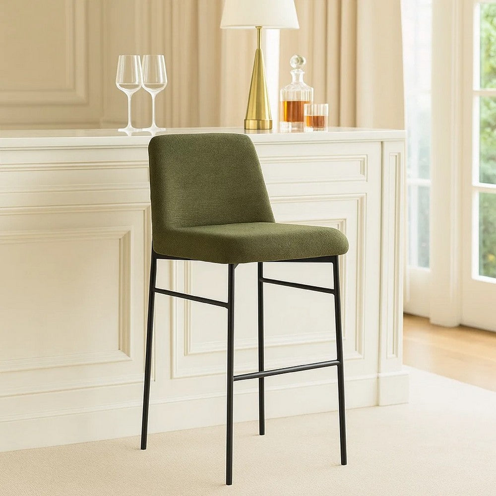 Benjara Ery Bar Height Chair Set of 2, Green Cushions, Black Metal Frame
