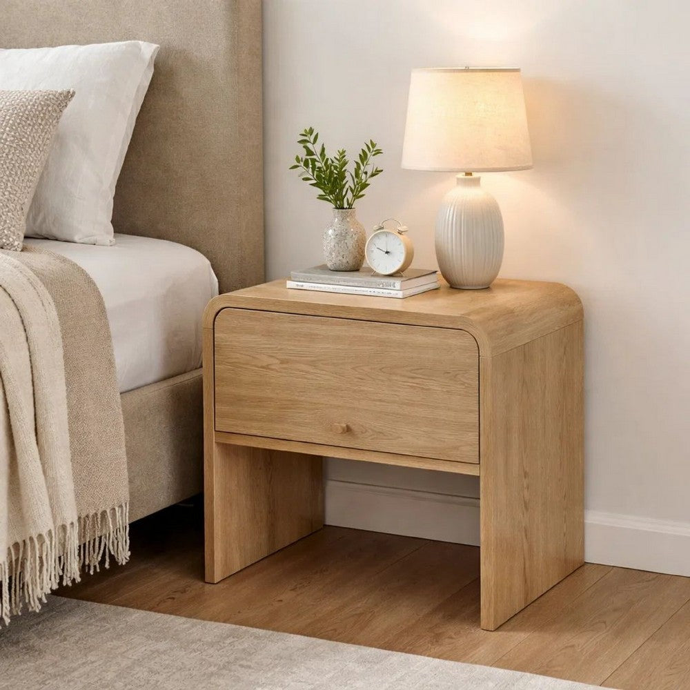 Benjara Maria Bedside Table Nightstand, 2 Drawers, Natural Beige Waterfall Edges