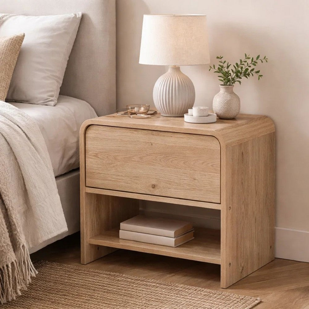 Benjara Maria Bedside Table Nightstand, 2 Drawers, Natural Beige Waterfall Edges