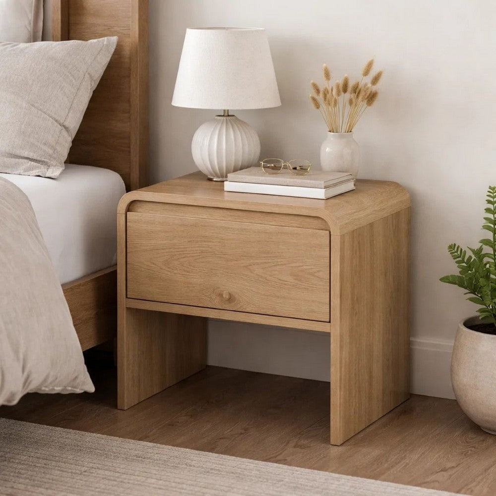Benjara Maria Bedside Table Nightstand, 2 Drawers, Natural Beige Waterfall Edges