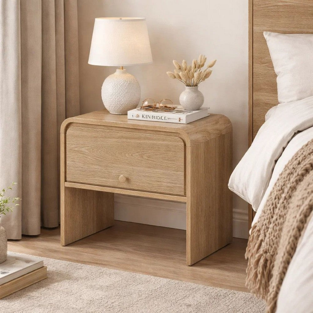 Benjara Maria Bedside Table Nightstand, 2 Drawers, Natural Beige Waterfall Edges