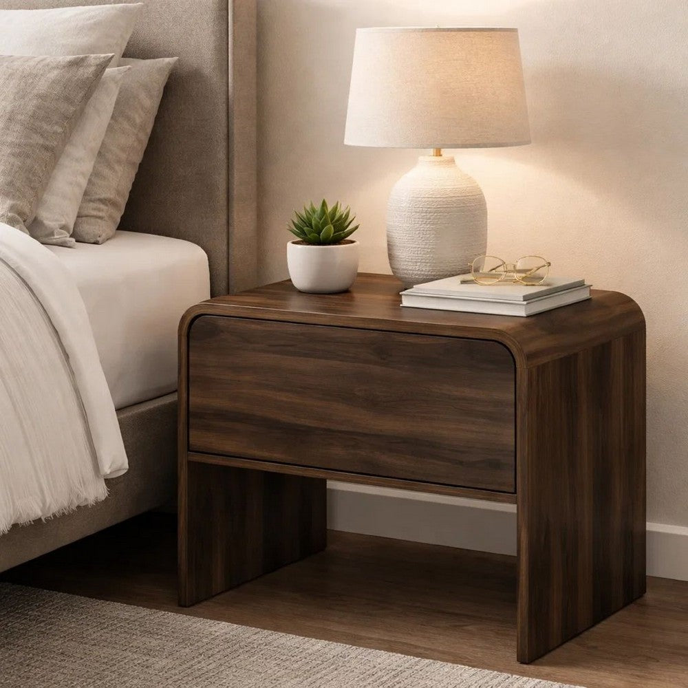 Benjara Maria Bedside End Table, 2 Drawers, Walnut Brown Waterfall Edges