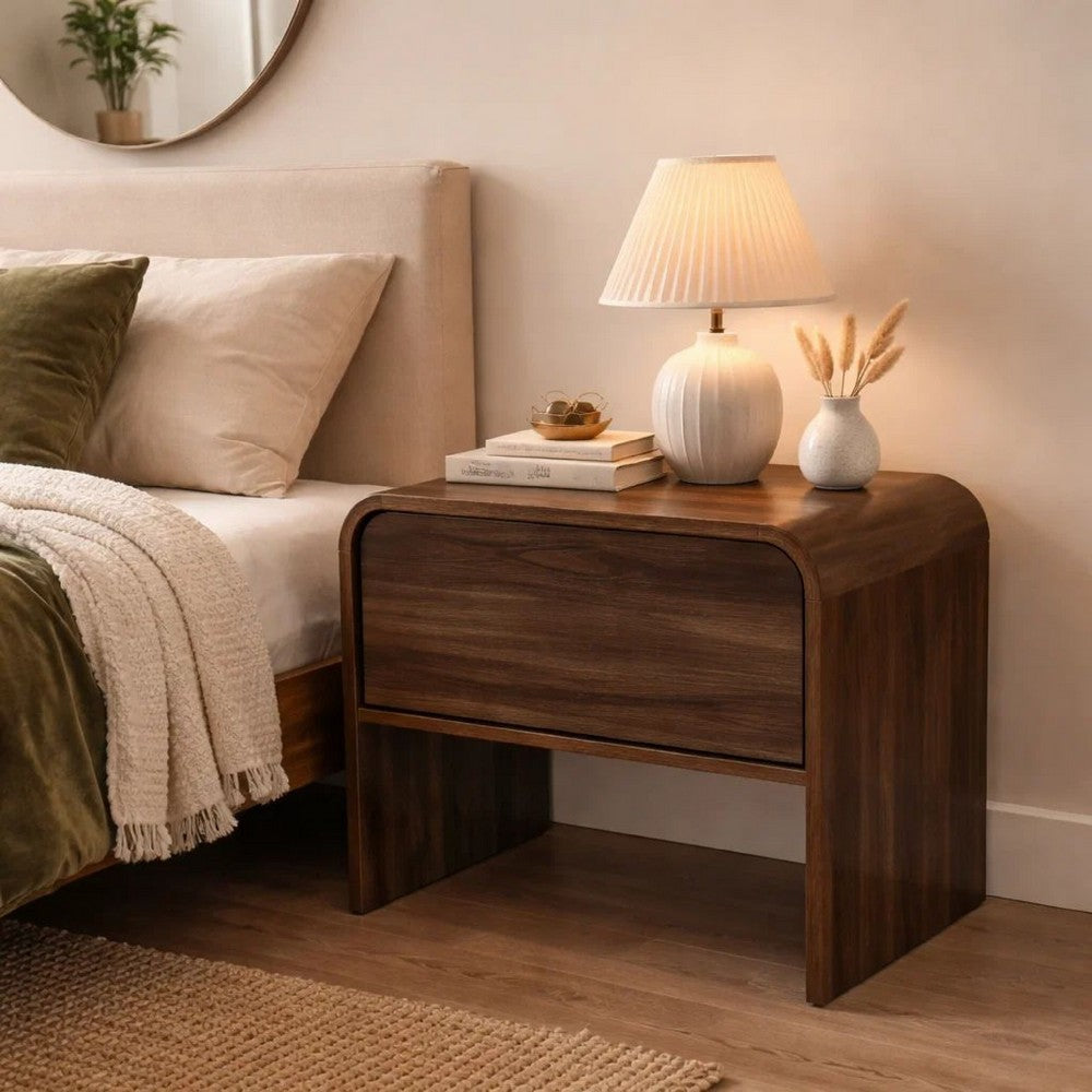 Benjara Maria Bedside End Table, 2 Drawers, Walnut Brown Waterfall Edges