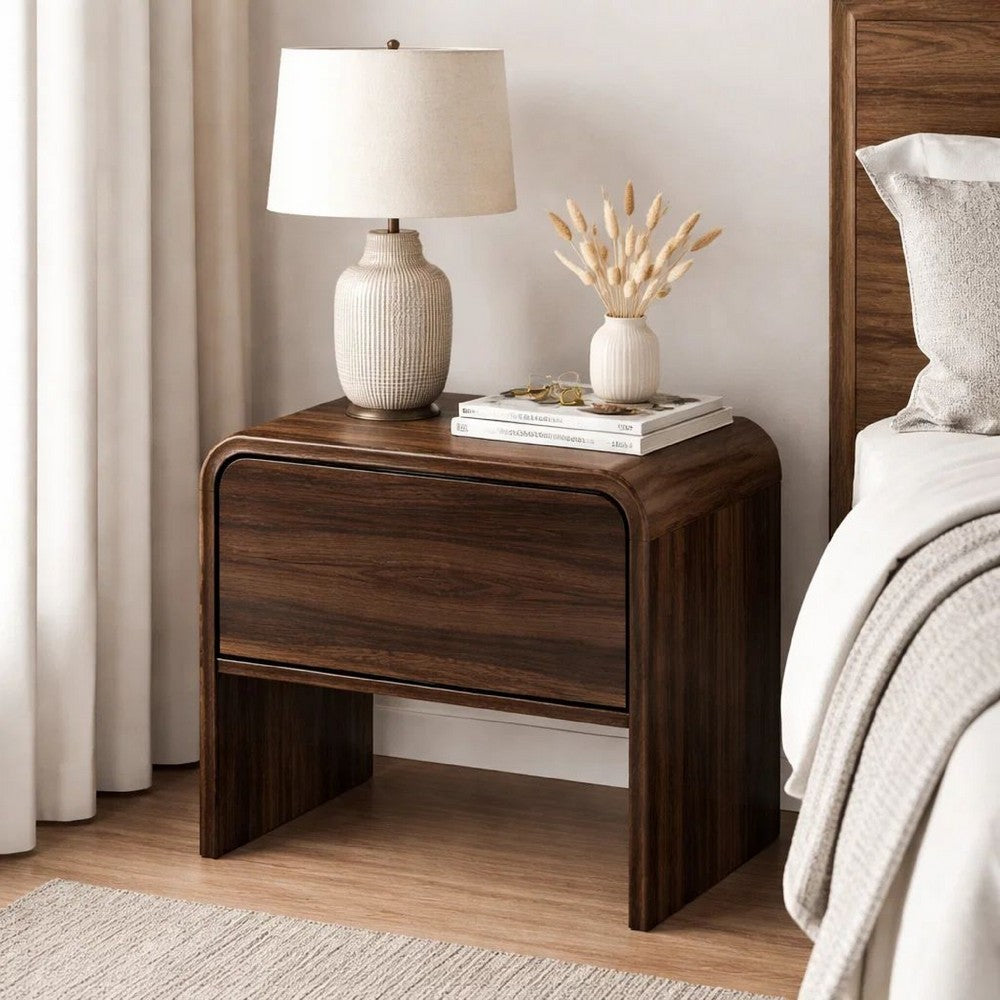 Benjara Maria Bedside End Table, 2 Drawers, Walnut Brown Waterfall Edges