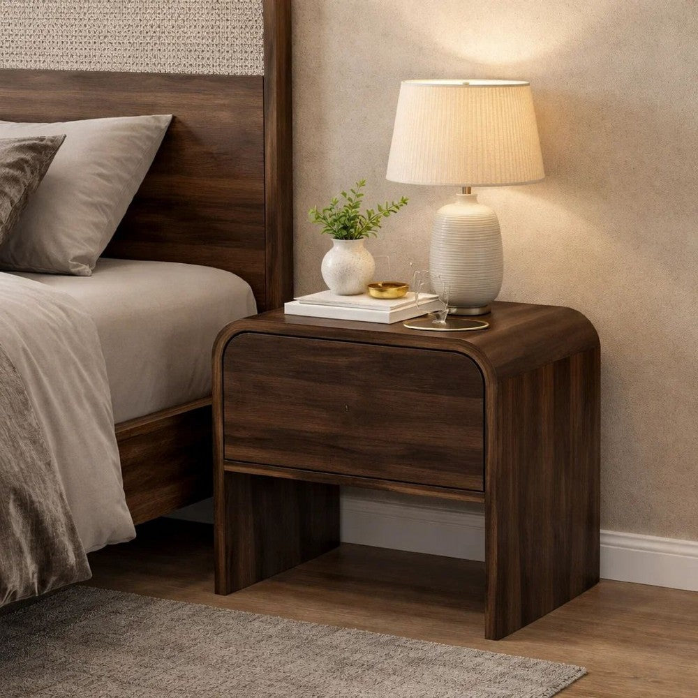 Benjara Maria Bedside End Table, 2 Drawers, Walnut Brown Waterfall Edges