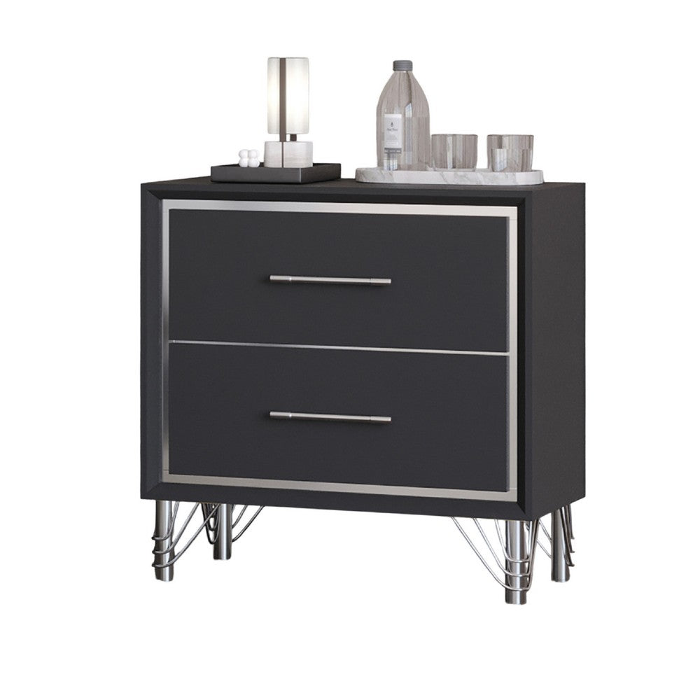 Benjara Zoe Modern Nightstand with 2 Drawers, Ebony Black And 'Silver