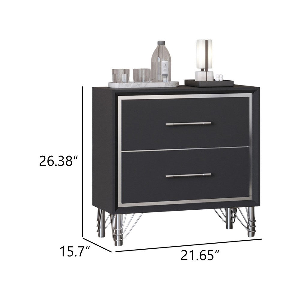 Benjara Zoe Modern Nightstand with 2 Drawers, Ebony Black And 'Silver