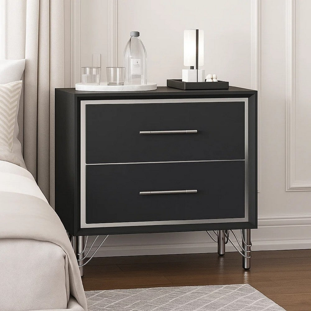 Benjara Zoe Modern Nightstand with 2 Drawers, Ebony Black And 'Silver