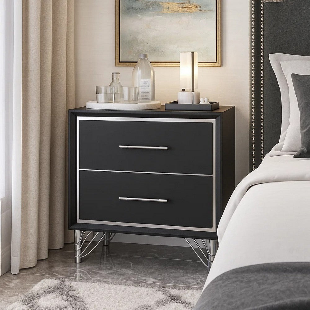 Benjara Zoe Modern Nightstand with 2 Drawers, Ebony Black And 'Silver