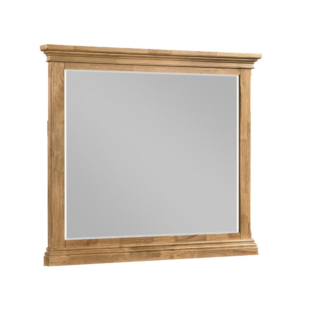 Benjara Seny Dresser Mirror, Crown Molding, Honey Brown Rubberwood, 33x48