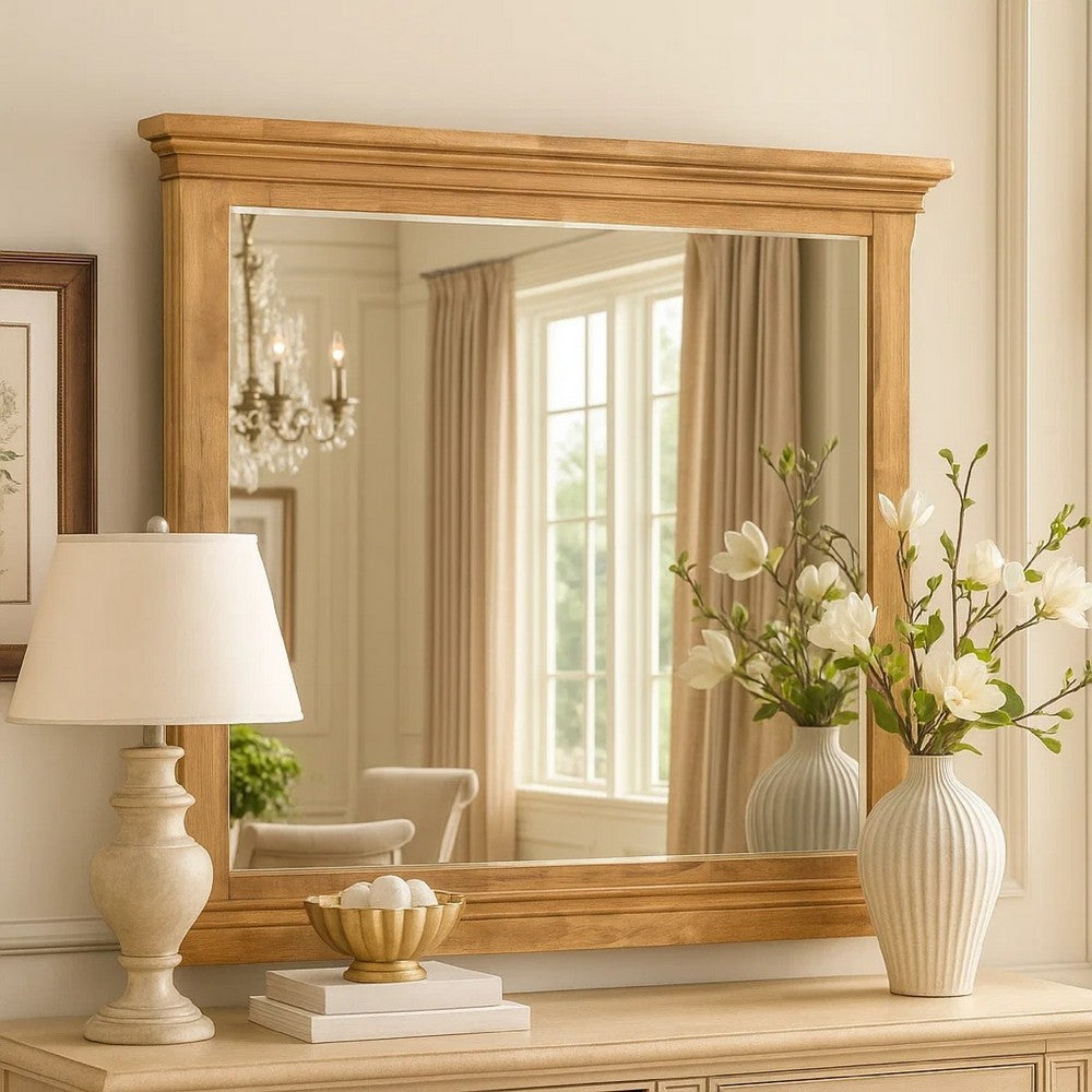 Benjara Seny Dresser Mirror, Crown Molding, Honey Brown Rubberwood, 33x48