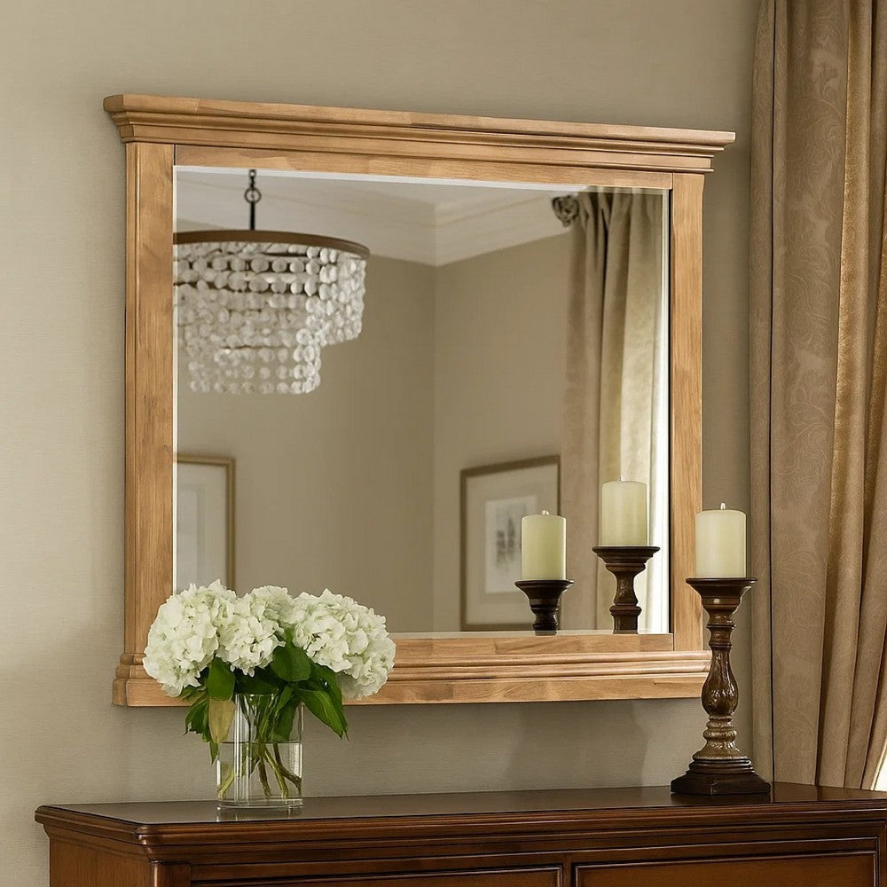 Benjara Seny Dresser Mirror, Crown Molding, Honey Brown Rubberwood, 33x48