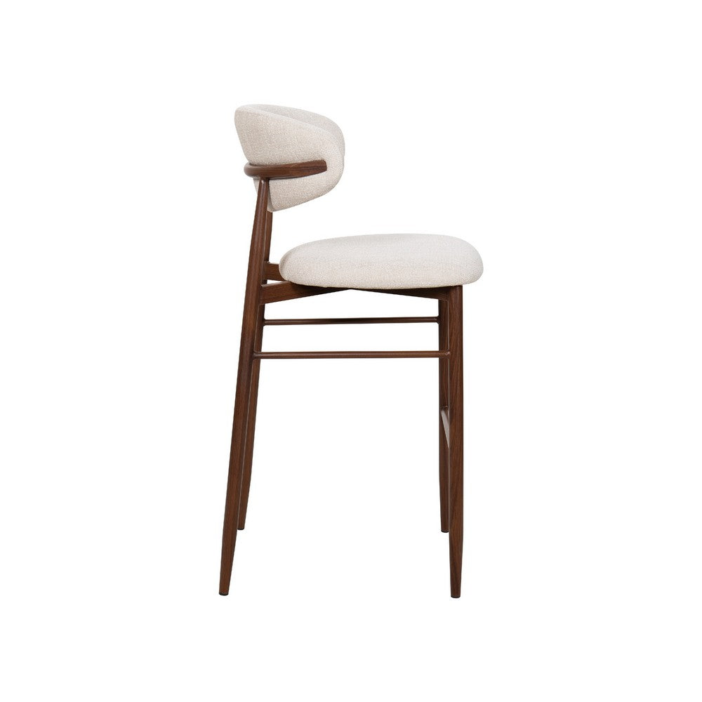 Benjara Riom Bar Height Chair Set of 2, Beige Low Curved Back, Walnut Brown